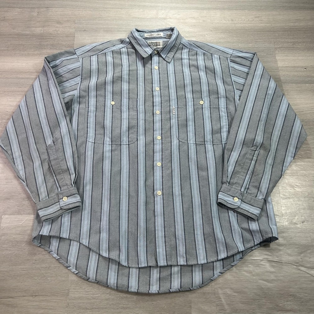 VINTAGE Levi's Silver Label Shirt Mens Large Gray Stripe Long Sleeve Button Up
